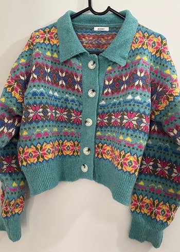 Addax Vintage Renkli Desenli Turkuaz Triko Hirka