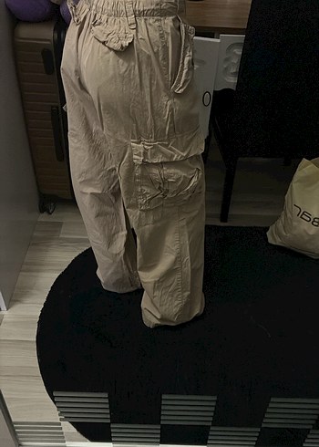 Kadın Bej Keten Bol Kesim Kargo Pantolon - Görsel 3