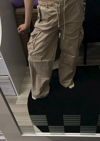 Kadın Bej Keten Bol Kesim Kargo Pantolon - Görsel 2