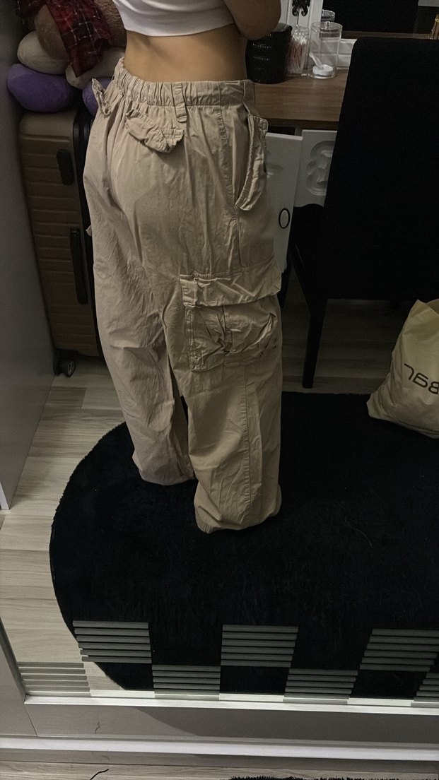 Kadın Bej Keten Bol Kesim Kargo Pantolon - Görsel 3