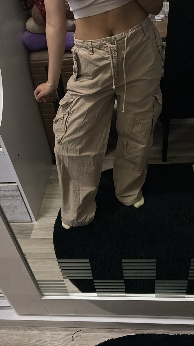 Kadın Bej Keten Bol Kesim Kargo Pantolon - Görsel 2