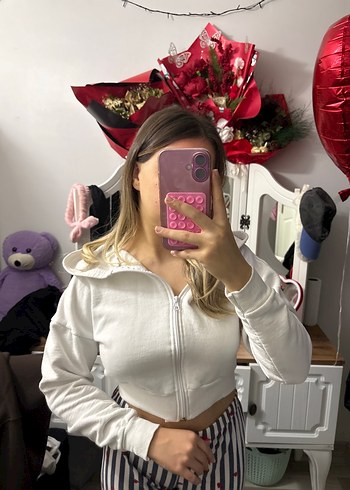 Beyaz Fermuarlı Straplez Sweatshirt - Görsel 2