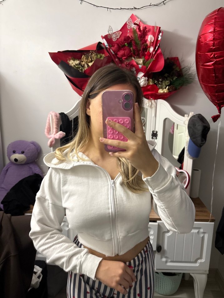 Beyaz Fermuarlı Straplez Sweatshirt - Görsel 2