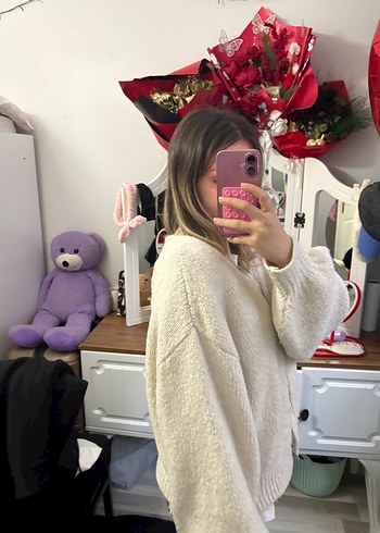 Beyaz Örgü Salaş Hırka - Görsel 2