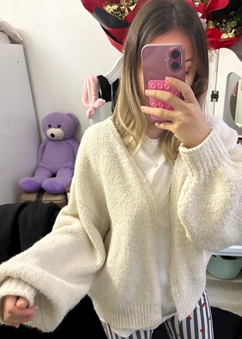 Beyaz Örgü Salaş Hırka - Görsel 3