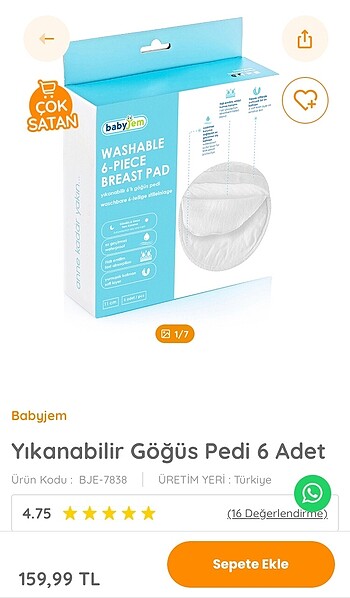 Beden Renk Baby jem marka yıkanabilir göğüs pedi