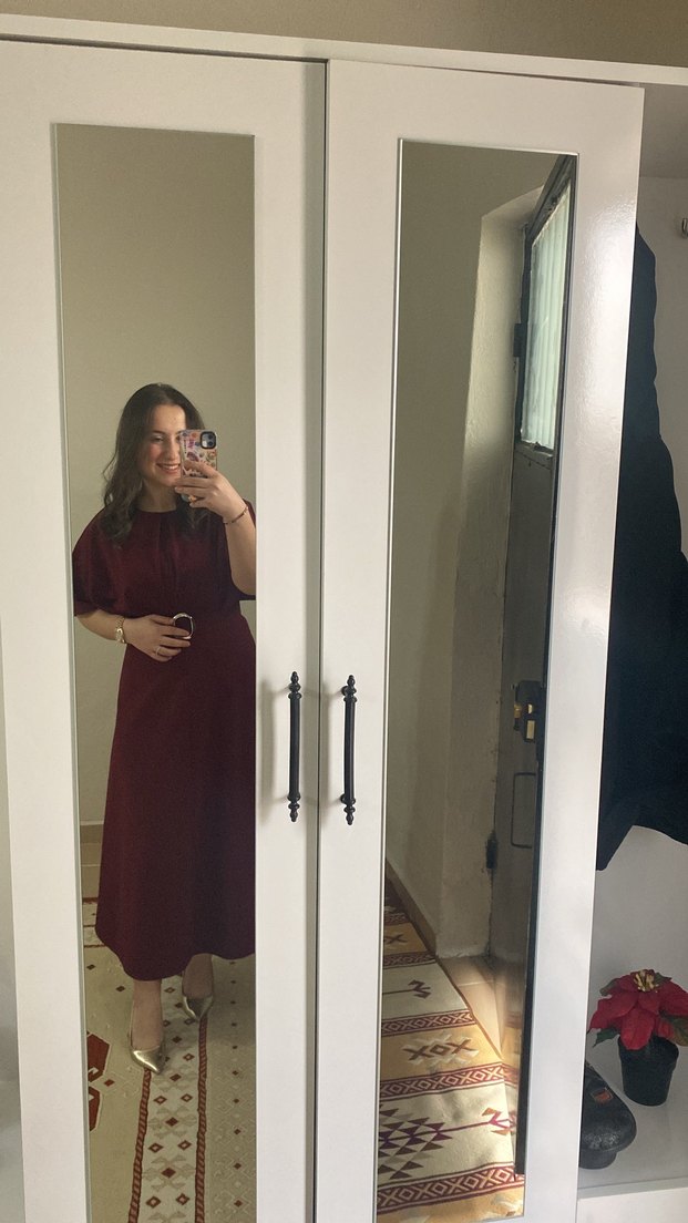 Bordo Kemerli Midi Elbise - Görsel 2