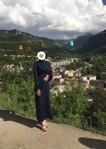 Diğer Uzun Kollu lacivert Drapeli Uzun Elbise