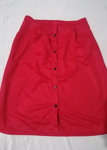 Düğmeli Kırmızı Midi  Etek - Görsel 2