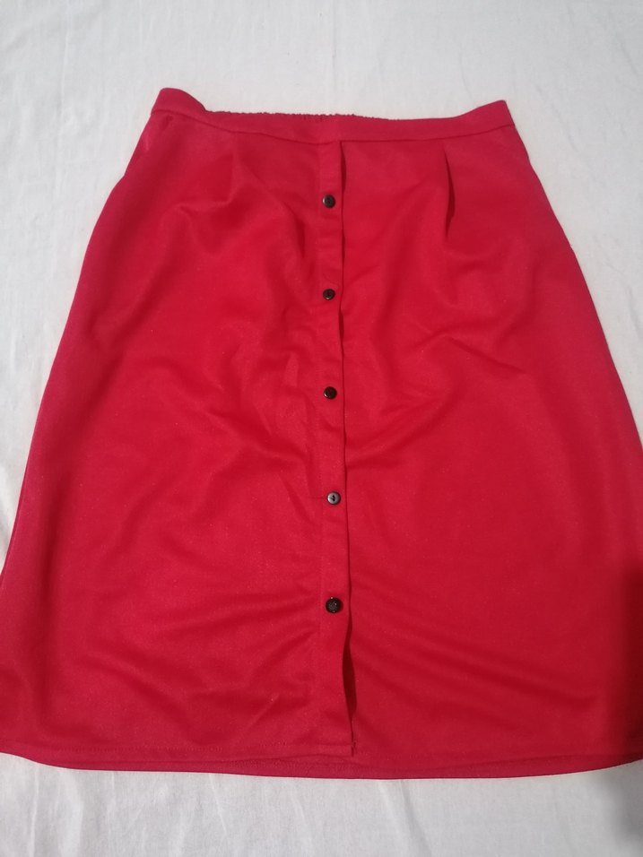 Düğmeli Kırmızı Midi  Etek - Görsel 2