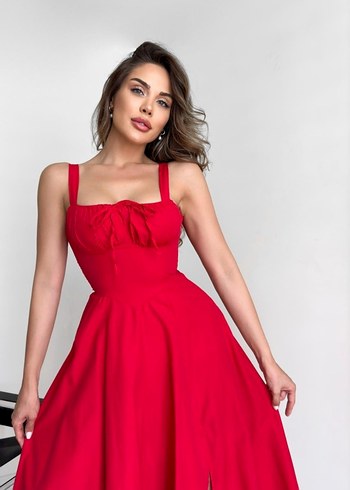 Kırmızı Bağcıklı Poplin Elbise - Görsel 2