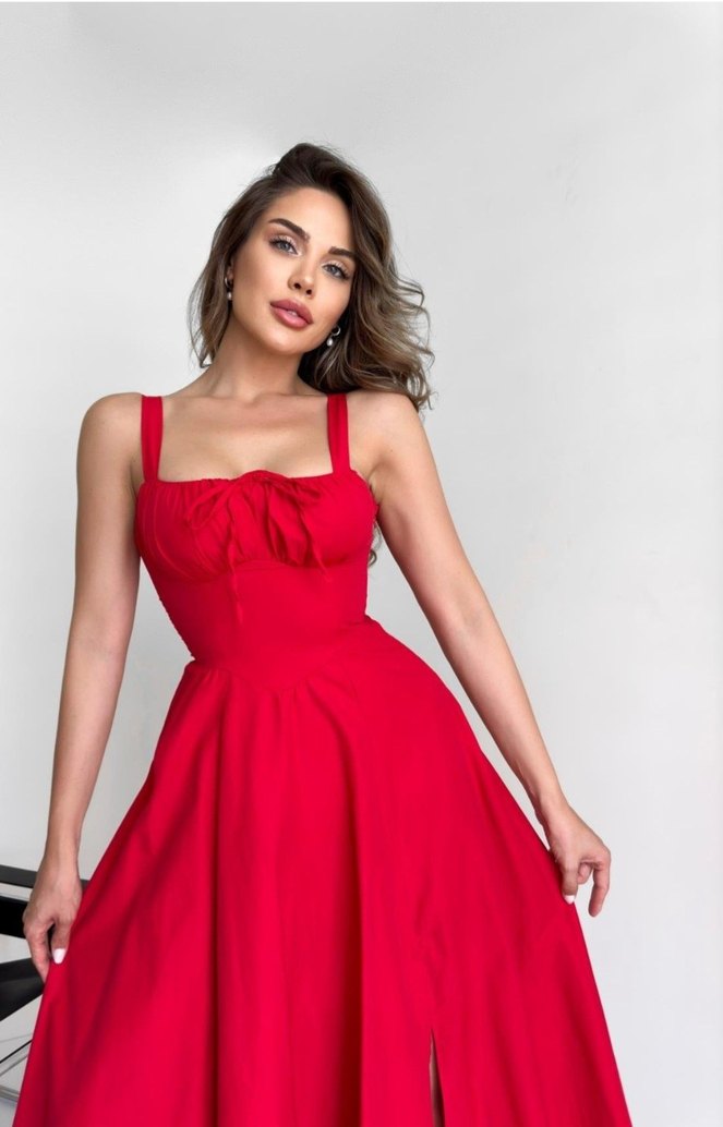 Kırmızı Bağcıklı Poplin Elbise - Görsel 2