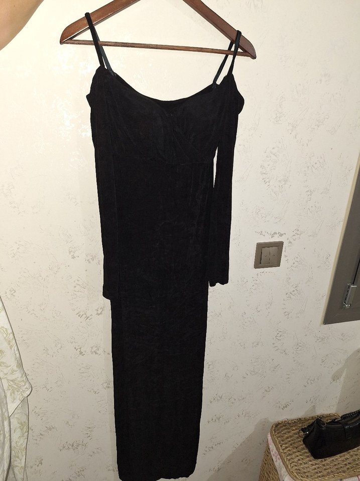 Siyah Süet Uzun Drapeli Goth Elbise - Görsel 2