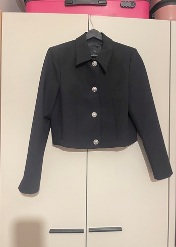 Düğmeli Siyah Mini Kadın Blazer - Görsel 2