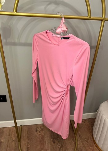 Pembe Drapeli Uzun Kollu Mini Elbise