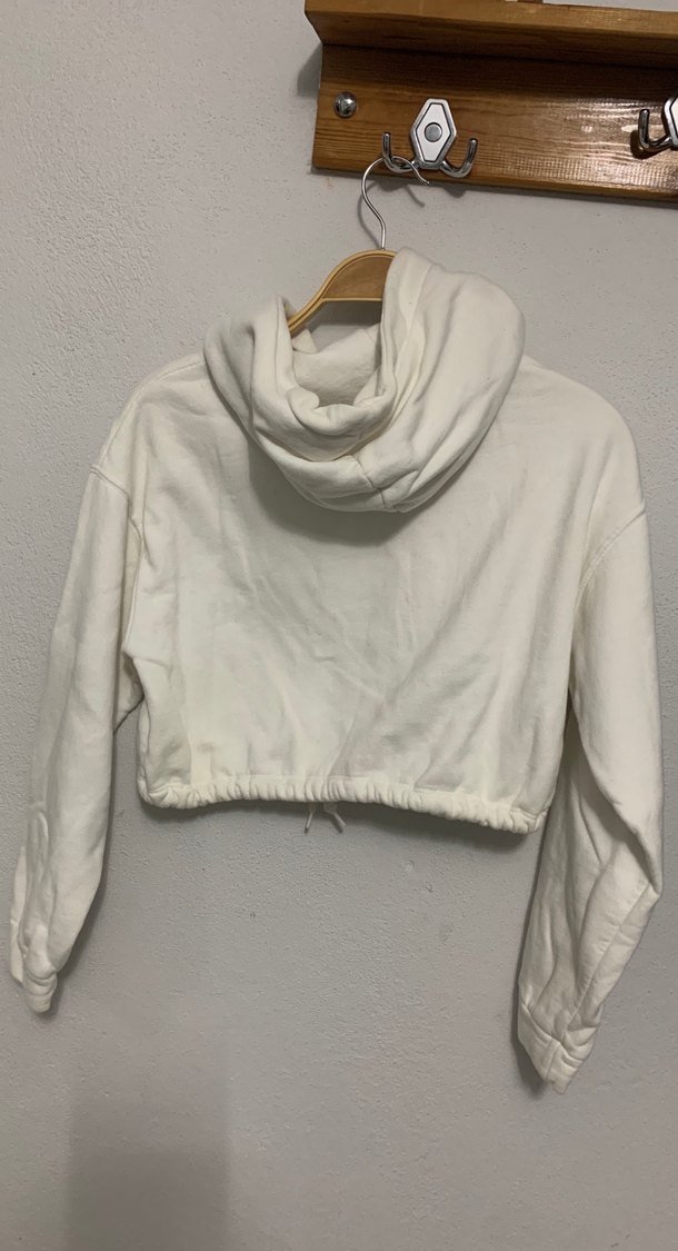 Kadın Beyaz Kapüşonlu Kısa Sweatshirt - Görsel 2