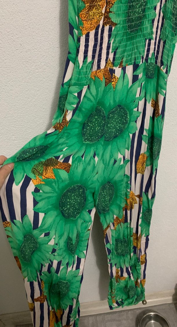 Yeşil Çiçek Desenli Uzun Kadın Elbise - Görsel 3