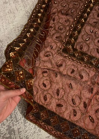 Boncuk İşlemeli Kiremit Rengi Örtü Takımı - Görsel 2