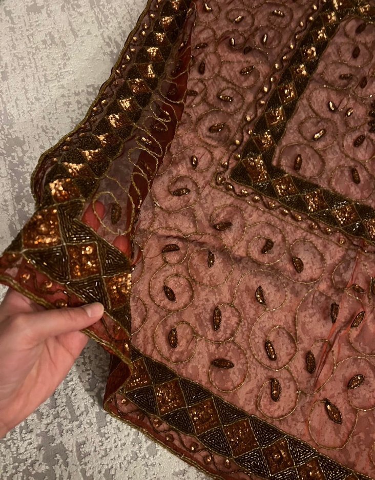 Boncuk İşlemeli Kiremit Rengi Örtü Takımı - Görsel 2