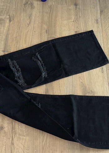 Diğer Siyah Yırtık Detaylı Geniş Paça Kadın Kot Pantolon