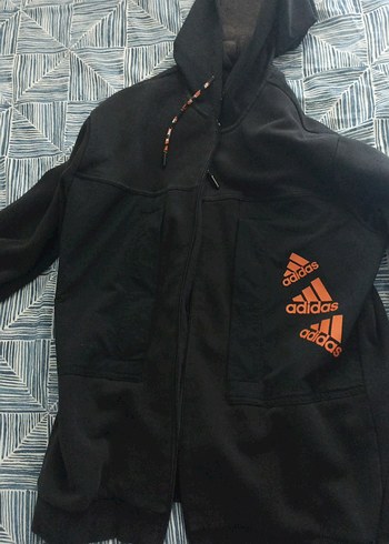 Adidas Siyah Kapüşonlu Midi Boy Fermuarlı Mont