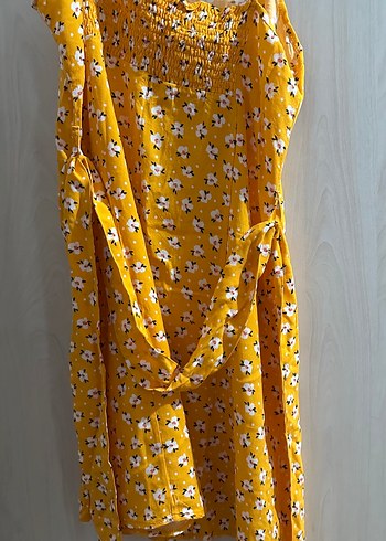 Sarı Midi Çiçekli Düğmeli Bohem Elbise - Görsel 3