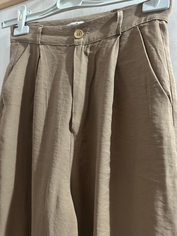 Bej Kadın Keten Rahat Kesim Pantolon - Görsel 2