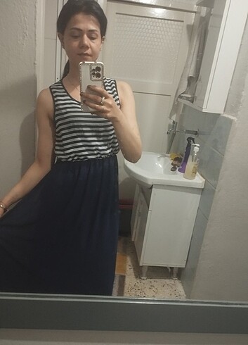 Estella Beli lastikli lacivert uzun elbise