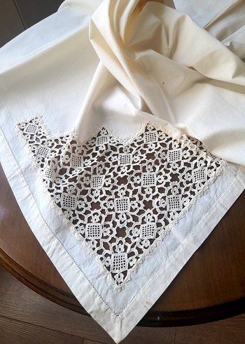 Vintage Dantel Kenarlı Pamuk Kumaş Örtü - Görsel 6