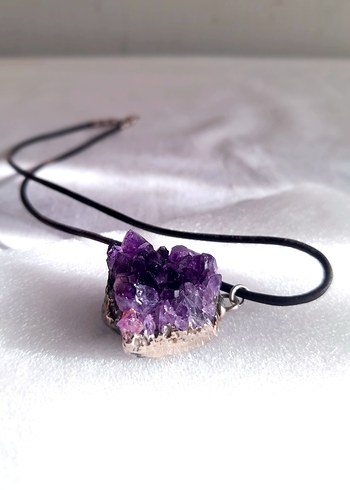 Doğal Ametist Taş Gümüş Kenar Kolye Ucu - Görsel 4