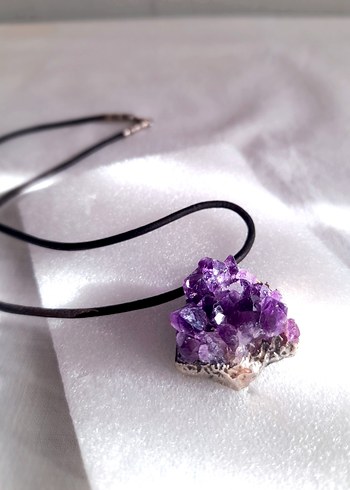 Doğal Ametist Taş Gümüş Kenar Kolye Ucu - Görsel 12