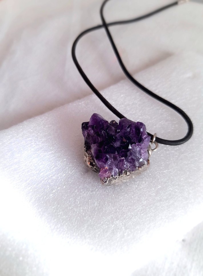 Doğal Ametist Taş Gümüş Kenar Kolye Ucu - Görsel 5