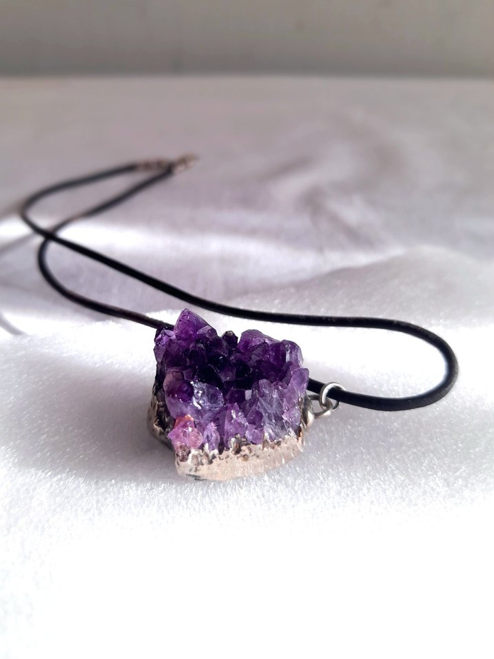 Doğal Ametist Taş Gümüş Kenar Kolye Ucu - Görsel 4
