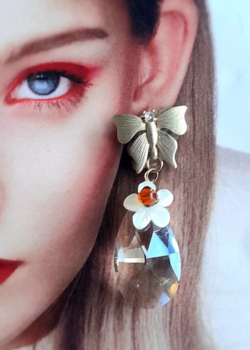 Kristal Damla Taşlı, Sedef çiçekli Sallantılı Küpe - Görsel 7