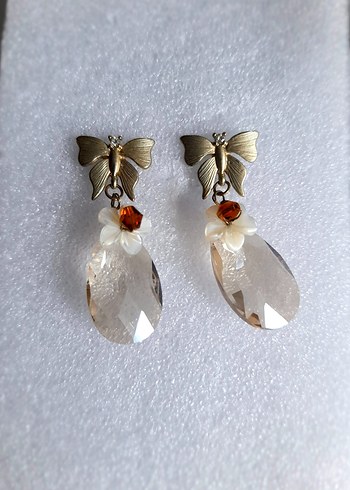 Kristal Damla Taşlı, Sedef çiçekli Sallantılı Küpe - Görsel 6