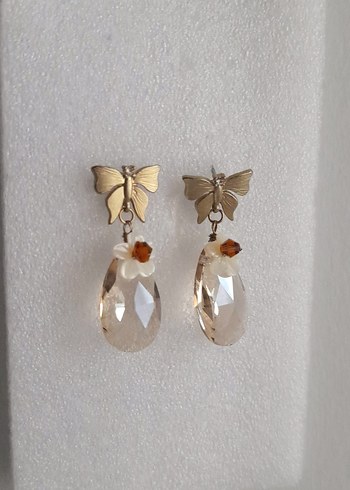 Kristal Damla Taşlı, Sedef çiçekli Sallantılı Küpe - Görsel 2