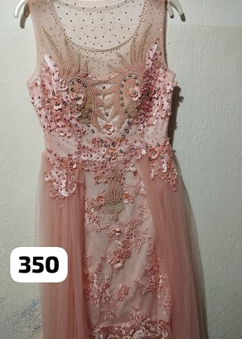 Pembe İşlemeli Dantel Uzun Abiye Elbise