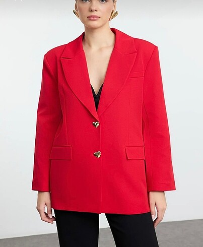 Kırmızı Oversize Kalıp Kalp Düğmeli Blazer Ceket