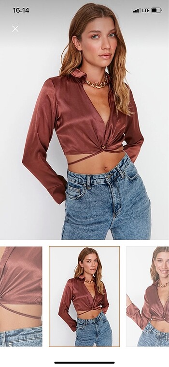 38 Beden TRENDYOLMİLLA Kahverengi Crop Dokuma Bağlama Detaylı Saten Bluz
