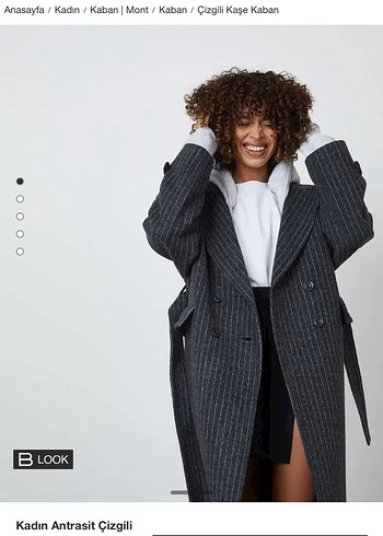 Kadın Antrasit Çizgili Kaşe Kaban - Görsel 2