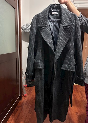 Kadın Antrasit Çizgili Kaşe Kaban - Görsel 6