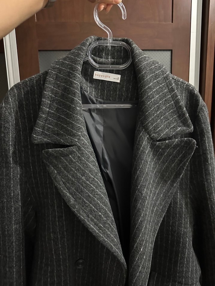 Kadın Antrasit Çizgili Kaşe Kaban - Görsel 5