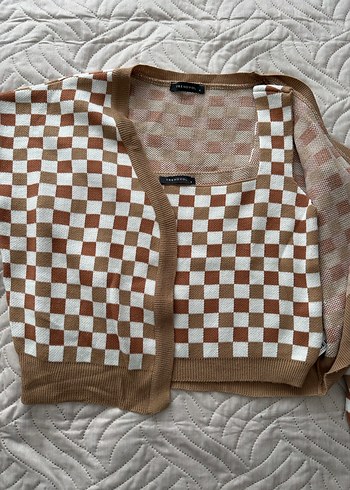 Kadın Ekose Desenli V Yaka Triko Hırka takım - Görsel 2