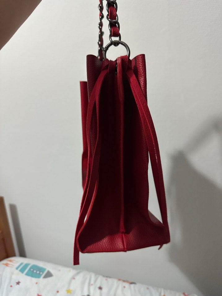 Kırmızı Zincir Detaylı Deri Kadın Çanta - Görsel 4