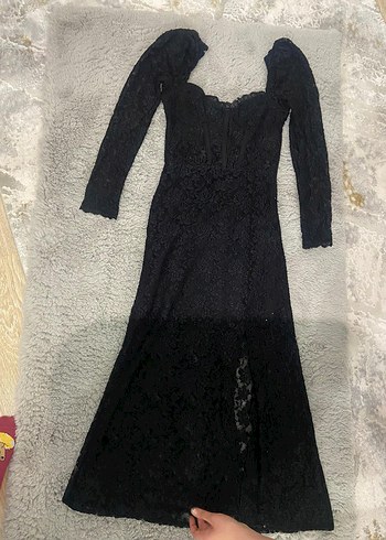 36 Beden Siyah Dantel Uzun Kollu Gotik Elbise