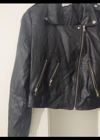 Kadın Siyah Mini Deri Biker Ceket - Görsel 2