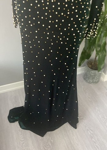 İnci Detaylı zümrüt yeşili Uzun Abiye Elbise - Görsel 5