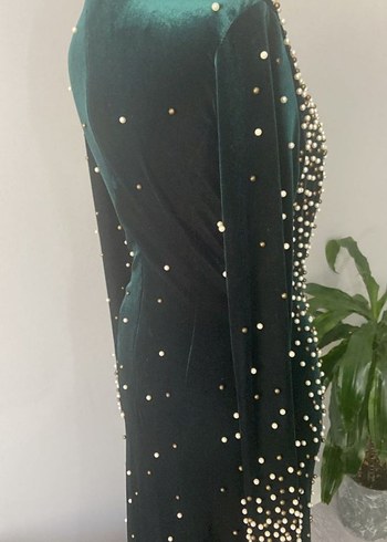 İnci Detaylı zümrüt yeşili Uzun Abiye Elbise - Görsel 4