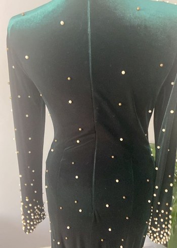 İnci Detaylı zümrüt yeşili Uzun Abiye Elbise - Görsel 7