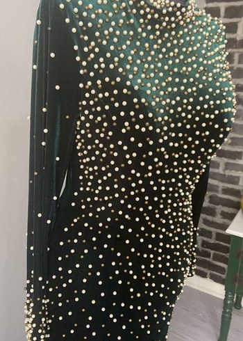 İnci Detaylı zümrüt yeşili Uzun Abiye Elbise - Görsel 3